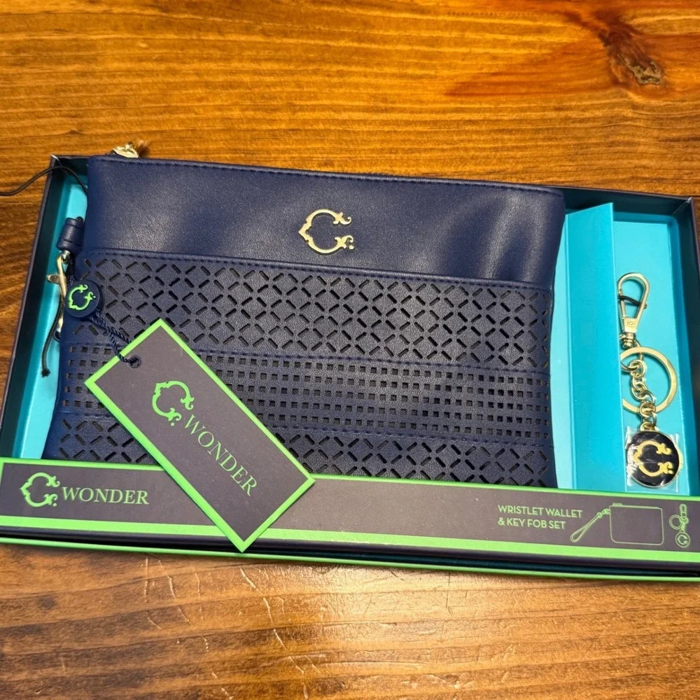 C. Wonder Wristlet Wallet & Key Fob Set Womens Navy Blue Laser Cut NWT